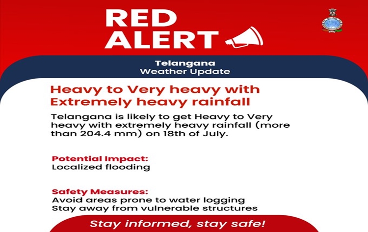 Telangana: IMD issues Red Alert of very heavy rains and extremely heavy rain spells in five districts for next three days