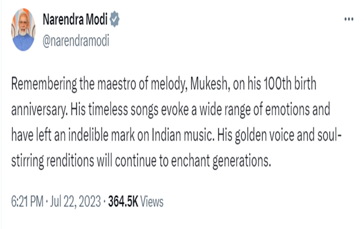 PM Modi remembers maestro of melody, Mukesh on his 100th birth anniversary