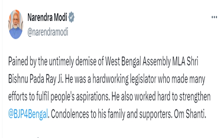 PM Modi expresses deep grief over demise of West Bengal Assembly MLA Bishnu Pada Ray