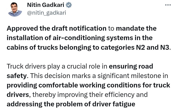 Centre approves draft notification to mandate installation of air-conditioning in truck cabins