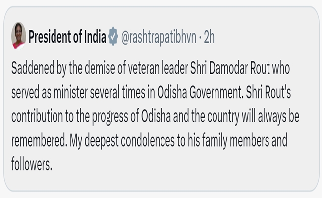 Prez Droupadi Murmu expresses grief over demise of BDJ leader & former Odisha government minister Damodar Rout