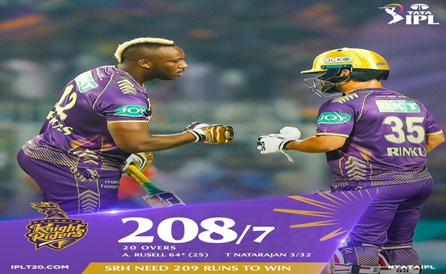 IPL Cricket 2024: Kolkata Knight Riders set a target of 209 runs for the Sun Risers Hyderbad at the Eden Gardens in Kolkata