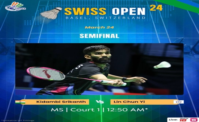 Swiss Open Badminton: Kidambi Srikanth to clash with Lin Chun-Yi of Chinese Taipei in Men’s Singles semi-final at Basel tonight