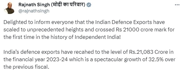 वर्ष 2023-24 में देश का रक्षा निर्यात पहली बार 21 हजार करोड़ रुपये के आंकड़े को पार कर गया- रक्षामंत्री राजनाथ सिंह