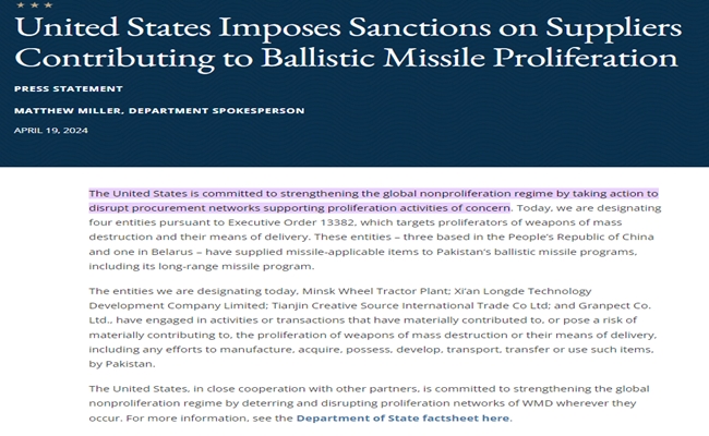 US sanctions Chinese and Belarusian companies for providing ballistic missile components to Pakistan