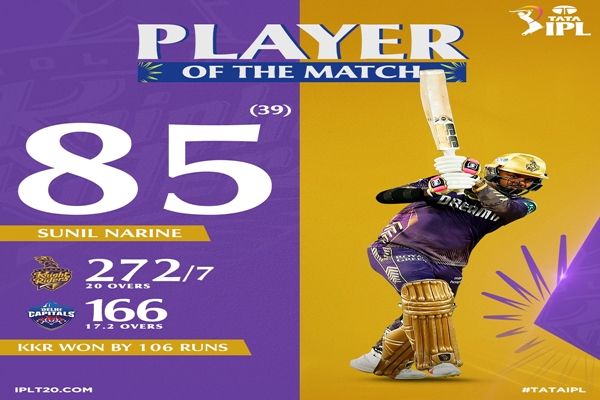 IPL: Kolkata Knight Riders defeats Delhi Capitals by 106 runs