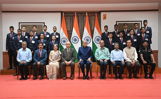 Vice-President Jagdeep Dhankhar interacts with students of Rashtriya Military School, Dholpur at Parliament House, New Delhi 