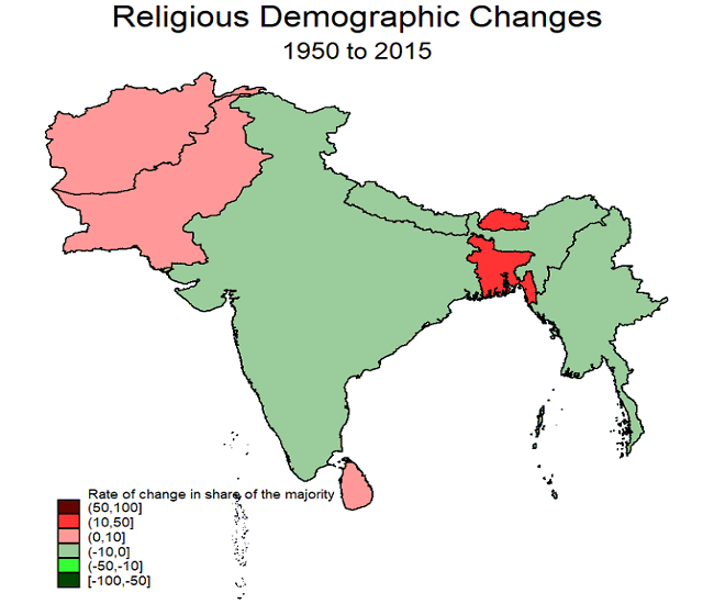 भारत में वर्ष 1950 से 2015 तक बहुसंख्यक आबादी में 7 दशमलव आठ-दो प्रतिशत की गिरावट आई