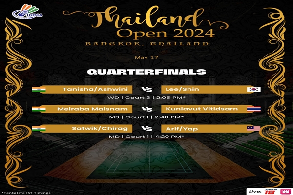 Indian shuttlers to compete in quarter-finals of Thailand Open Badminton, in Bangkok