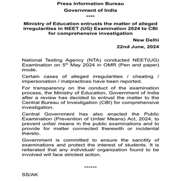 Centre orders CBI probe into alleged irregularities in NEET-UG exam