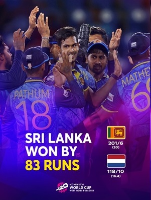 टी- ट्वेंटी विश्वचषक क्रिकेट स्पर्धेत श्रीलंकेकडून नेदरलँडचा ८३ धावांनी पराभव