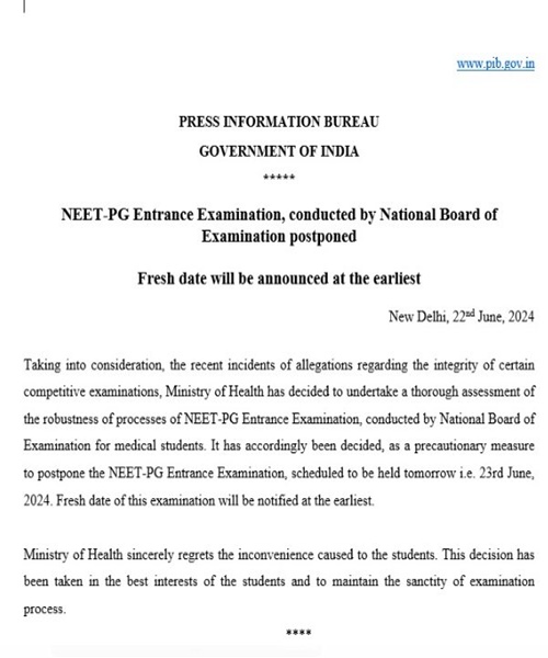 शिक्षा मंत्रालय ने नीट (यूजी) 2024 में कथित अनियमितताओं का मामला व्यापक जांच के लिए सीबीआई को सौंपा
