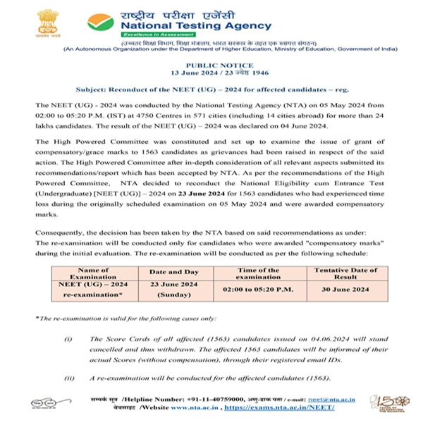 नीट-यूजी परीक्षेत अतिरिक्त गुण मिळालेल्या सर्व १,५६३ विद्यार्थ्यांची आज फेरपरीक्षा