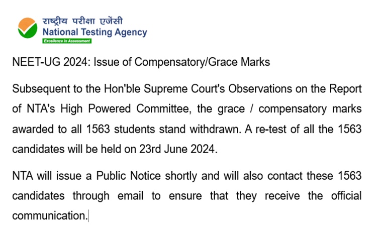 NEET-UG Exam Row: Grace Marks Given To 1,563 Candidates Withdrawn; Retest on June 23