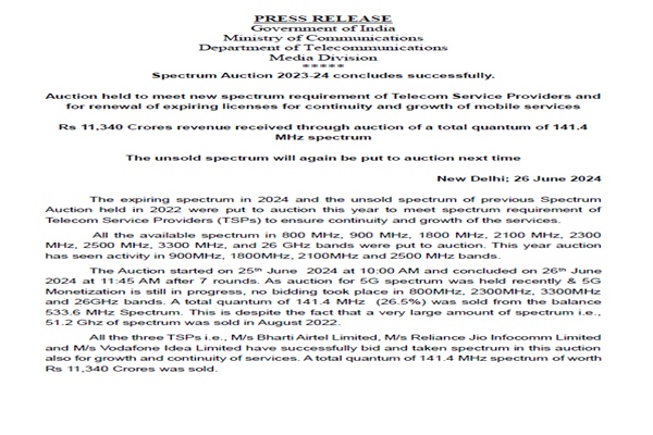 Spectrum Auction concludes successfully for Telecom Service Providers