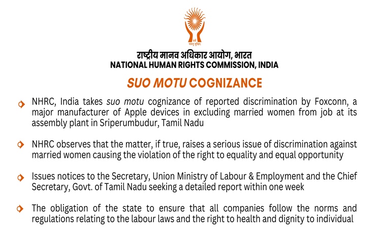 NHRC takes suo motu cognisance of discrimination by Foxconn in excluding married women from job at its assembly plant in Tamil Nadu