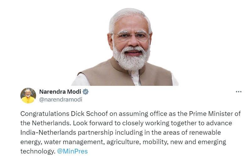 नीदरलैंड के नवनियुक्त प्रधानमंत्री डिक शूफ को पदभार संभालने पर प्रधानमंत्री नरेंद्र मोदी ने दी बधाई 