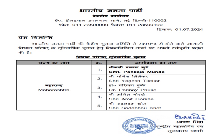 BJP announces names of candidates for Maharashtra Legislative Council biennial elections
