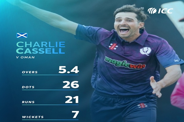 اسکاٹ لینڈ کے تیز گیندباز Charlie Cassell نے عمان کے خلاف 21 رن دے کر سات وکٹ لینے کے بعد اپنے پہلے ایک روزہ میچ میں تاریخ رقم کی