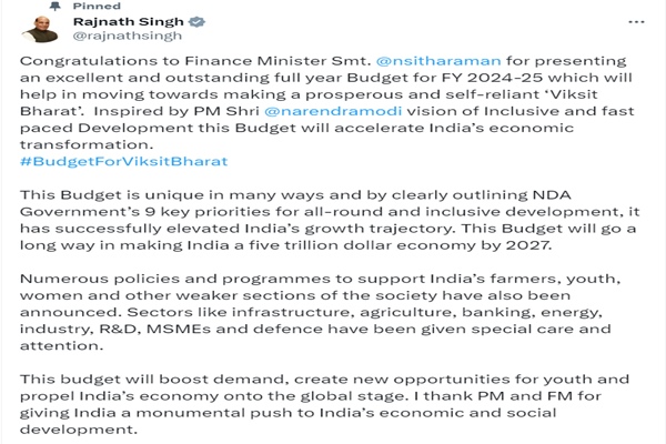 Defence Minister Rajnath Singh congratulates FM Nirmala Sitharaman for budget 2024-25   