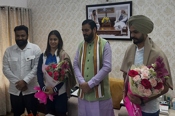 Haryana CM Nayab Singh Saini meets, felicitates Olympics medal winners Manu Bhaker, Sarabjot Singh