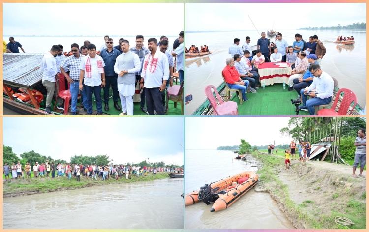 জলসম্পদ মন্ত্রী পীযুষ হাজৰিকাৰ ধুবুৰী জিলাৰ গোলকগঞ্জ বিধানসভা সমষ্টিৰ অধীনৰ গংগাধৰ নৈৰ তীৰৰ কেইবাখনো ঠাই নাৱেৰে ভ্ৰমণ