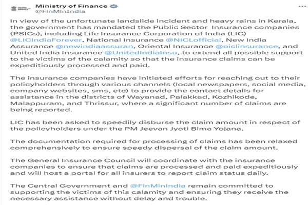 Govt mandates Public Sector Insurance companies to expedite claims of landslide victims in Kerala
