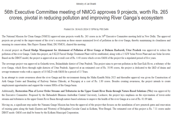 NMCG Approves Nine Key Projects Worth ₹265 Crore for Ganga’s Pollution Control & Conservation