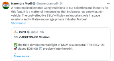 प्रधानमंत्री नरेंद्र मोदी ने आज नए उपग्रह प्रक्षेपण यान (एसएसएलवी)-डी3 के सफल प्रक्षेपण के लिए इसरो के वैज्ञानिकों को बधाई दी