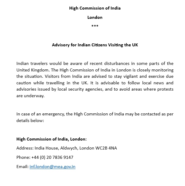 Indian High Commission Issues Travel Advisory for UK Amid Recent Disturbances