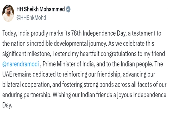 UAE PM Mohammed bin Rashid Al Maktoum Congratulates India on 78th Independence Day  