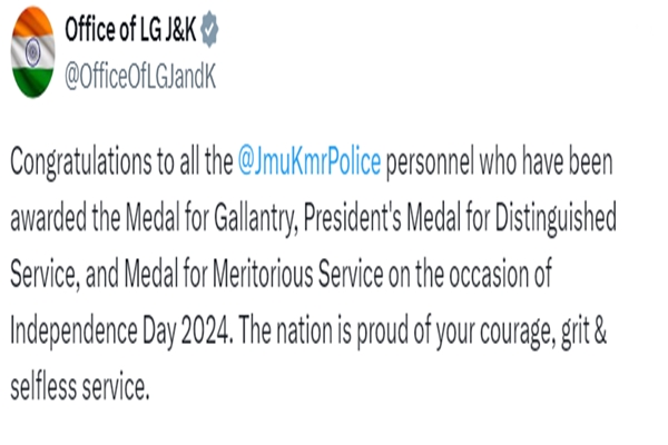 J&K LG Manoj Sinha congratulates police personnel on Gallantry Awards ahead of Independence Day