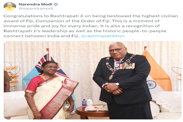 PM Modi congratulates Prez Murmu on being bestowed highest civilian award of Fiji