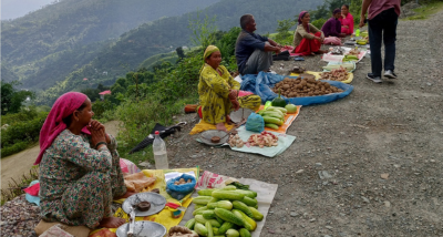 पठानकोट-मंडी राष्ट्रीय उच्च मार्ग पर जोगिन्दर नगर के गलू से लेकर गुम्मा नामक स्थान तक सडक़ किनारे मौसमी फल व सब्जियां बेचते हुए महिलाएं