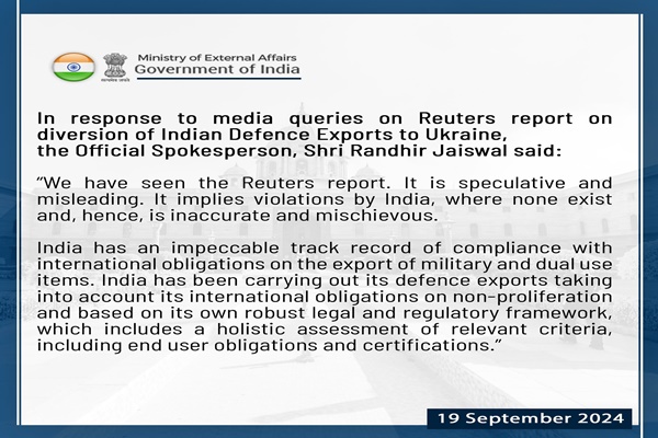 New Delhi rejects media report on diversion of Indian defence exports to Ukraine