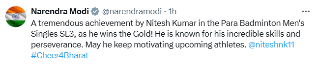 पीएम मोदी ने पेरिस पैरालिंपिक खेलों में पैरा बैडमिंटन पुरुष सिगल्‍स स्पर्धा में स्वर्ण पदक जीतने पर नितेश कुमार को बधाई दी