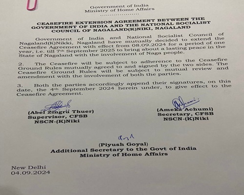 مرکز نے نیشنل سوشلسٹ کونسل آف ناگالینڈ (کے) Niki کے ساتھ جنگ بندی کے معاہدے میں ایک سال کی توسیع کر دی ہے