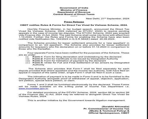 CBDT notifies Rules & Forms for Direct Tax Vivad Se Vishwas Scheme, 2024