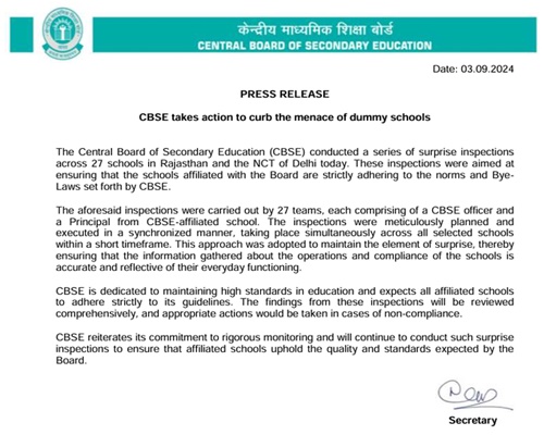 CBSE conducts inspection across 27 schools in Rajasthan and Delhi