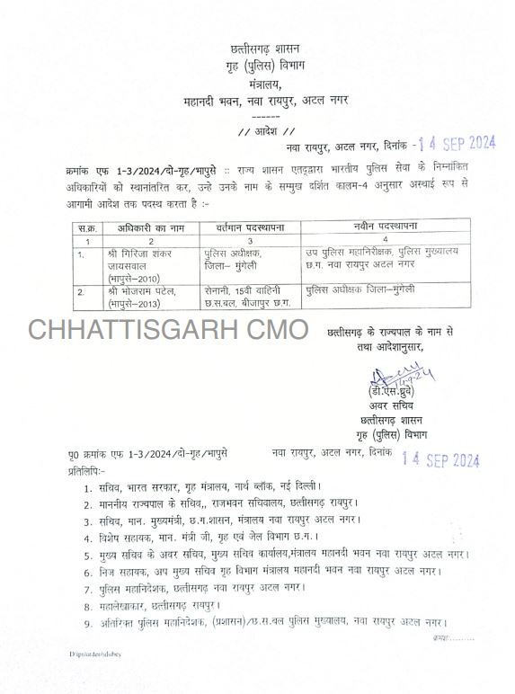छत्तीसगढ़ सरकार ने भारतीय पुलिस सेवा के 2 अधिकारियों का तबादला आदेश जारी किया