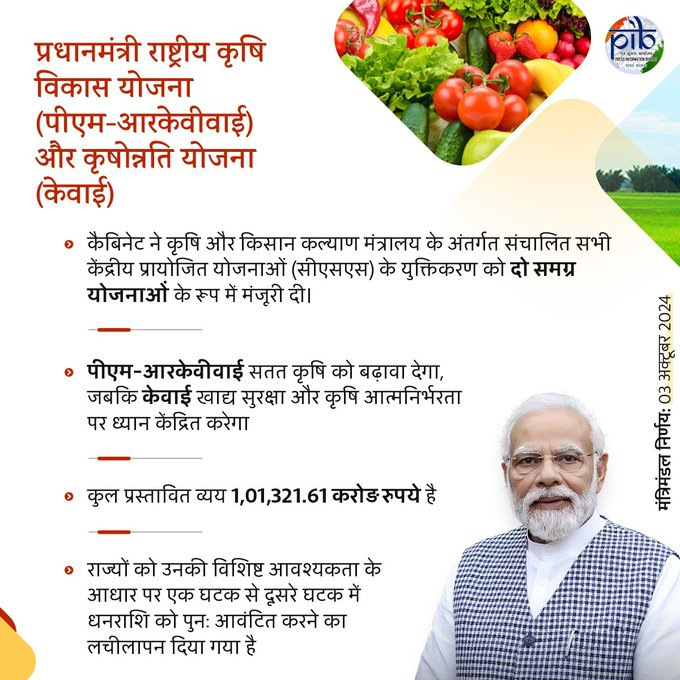 केंद्रीय मंत्रिमंडल ने प्रधानमंत्री राष्ट्रीय कृषि विकास योजना और कृषोन्नति योजना को स्‍वीकृति दी