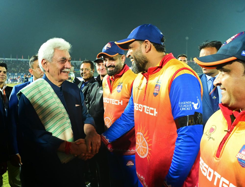 LG Manoj Sinha attends final match of the Legends League Cricket at Bakshi Stadium in Srinagar
