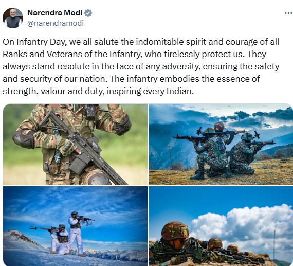 इन्फैंट्री दिवस: भारतीय सेना के सभी रैंकों और दिग्गजों के अदम्य साहस की प्रधानमंत्री नरेंद्र मोदी और रक्षा मंत्री राजनाथ सिंह ने की सराहना