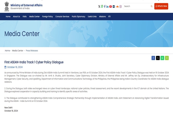 First ASEAN-India Track 1 Cyber Policy Dialogue held in Singapore; Cyber threat landscape discussed