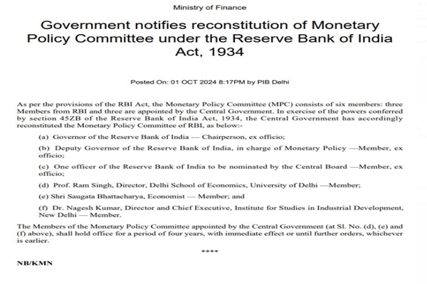 Govt Notifies Reconstitution of Monetary Policy Committee