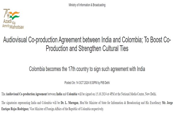India, Colombia to sign Audiovisual Co-Production Agreement