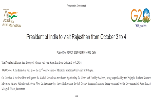 President Droupadi Murmu to Visit Rajasthan