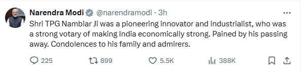 प्रधानमंत्री नरेंद्र मोदी ने बीपीएल के संस्‍थापक टी0 पी0 गोपालन नांबियार के निधन पर शोक व्‍यक्‍त किया