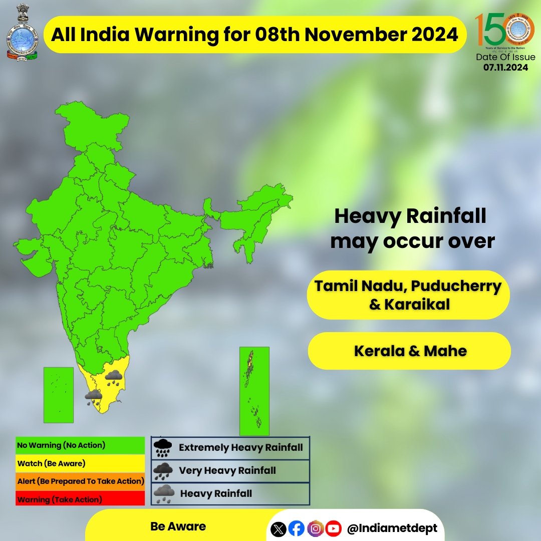 IMD forecasts heavy rain, thunderstorms in Tamil Nadu, Kerala, and surrounding areas