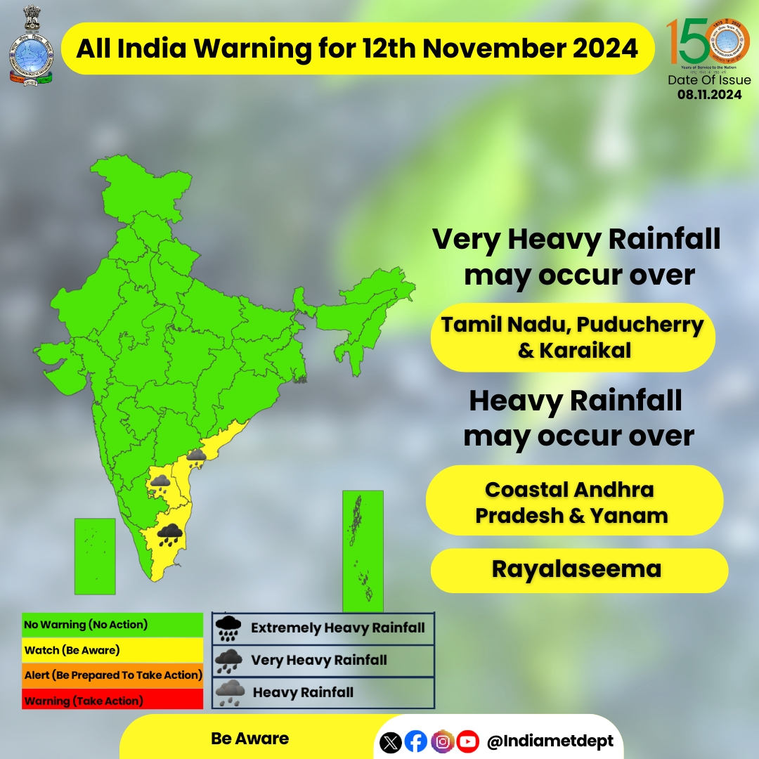 तमिलनाडु, पुदुच्‍चेरी और करईकल में आंँधी-तूफ़ान के साथ मूसलाधार-वर्षा का अनुमान